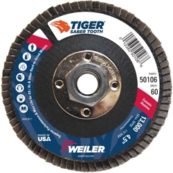 Saber Tooth #50106    4-1/2" TIGER CERAMIC ABRASIVE FLAP DISC, CONICAL (TY29), PHENOLIC BACK,60C, 5/8"-11 UNC NUT Flap Disc, Weiler, Abrasive, Grinding